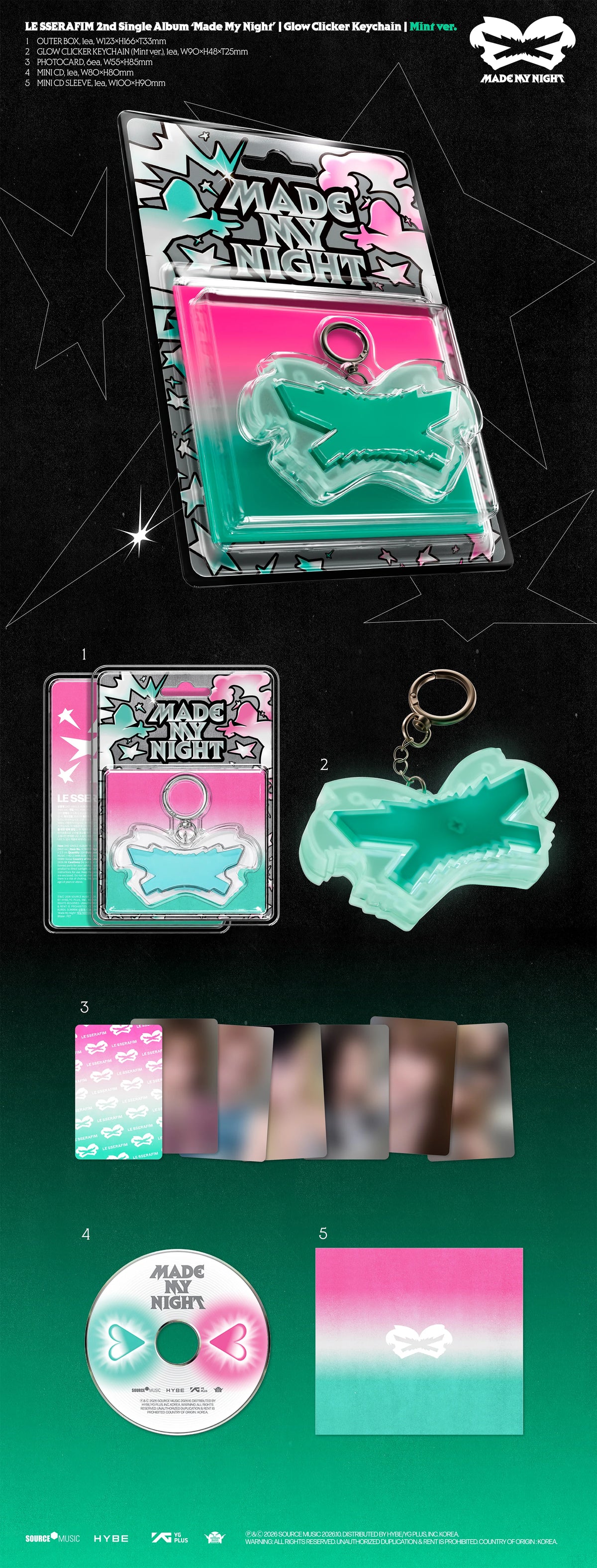 Pre-Order - LE SSERAFIM - 2nd Single Album - Made My Night - Glow Clicker Keychain - Mint Vers .