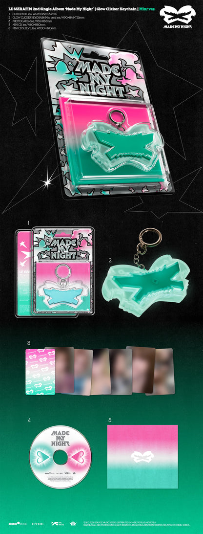 Pre-Order - LE SSERAFIM - 2nd Single Album - Made My Night - Glow Clicker Keychain - Mint Vers .