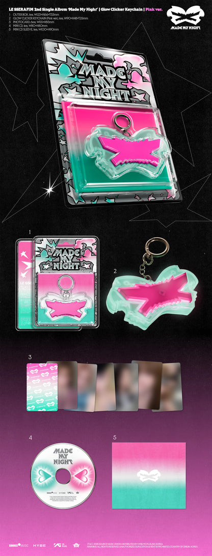 Pre-Order - LE SSERAFIM - 2nd Single Album - Made My Night - Glow Clicker Keychain - Pink Vers .