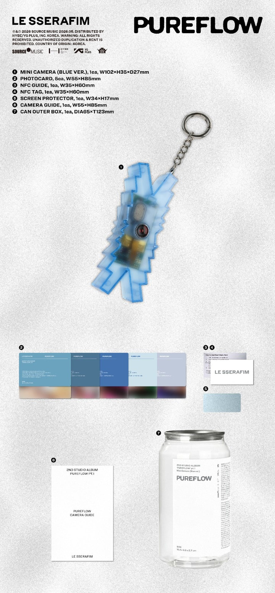 Pre-Order - LE SSERAFIM – 2nd Studio Album - PUREFLOW pt.1 - Mini Camera Vers. - Blue Vers.